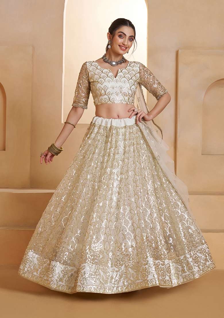 Off White Embroidery Net Lehenga Set - Indya