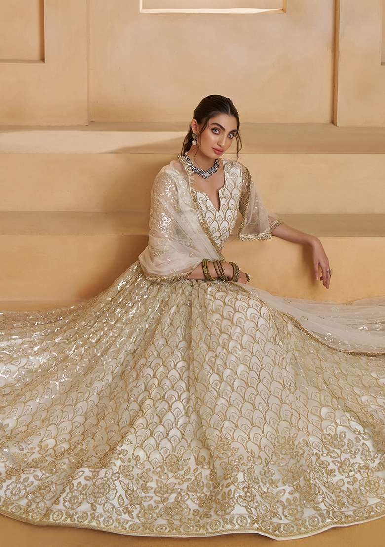 Off White Embroidery Net Lehenga Set - Indya
