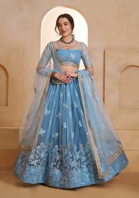 Sky Blue Embroidery Net Lehenga Set