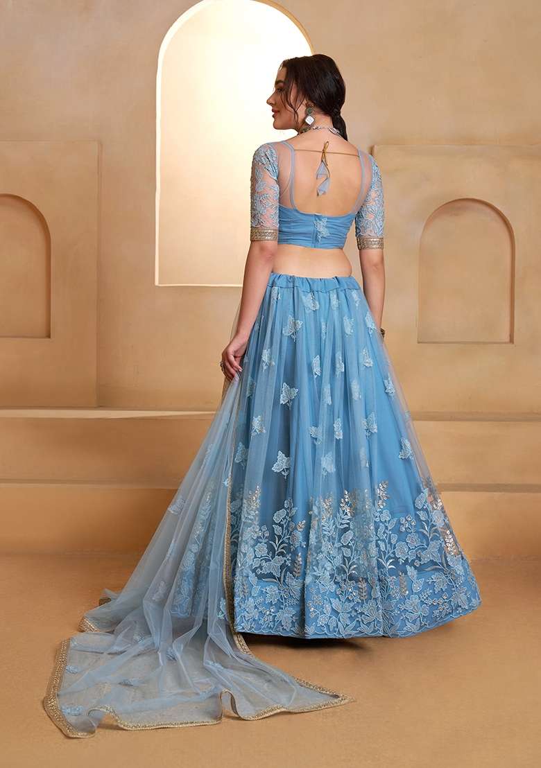 Sky Blue Embroidery Net Lehenga Set - Indya