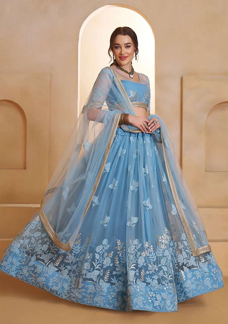 Sky Blue Embroidery Net Lehenga Set - Indya