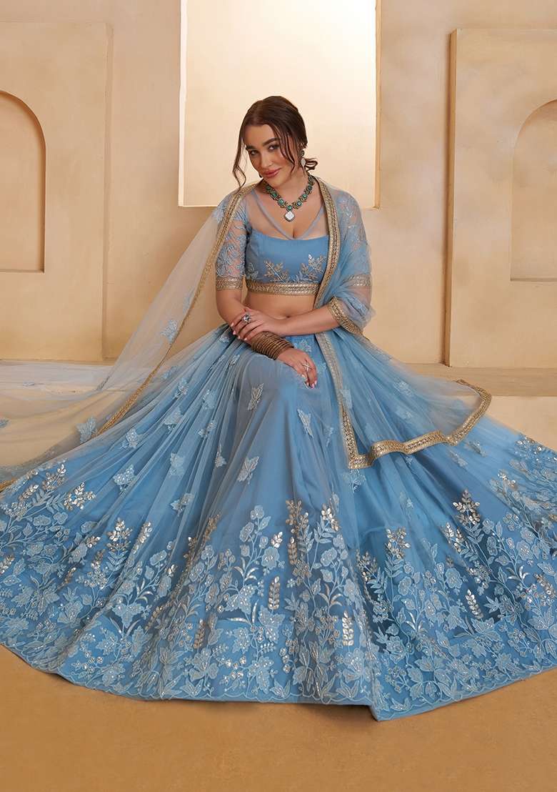 Sky Blue Embroidery Net Lehenga Set - Indya