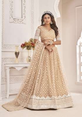 Beige Net Lehenga Set with Embroidery for Diwali | Wedding & Festive Wear