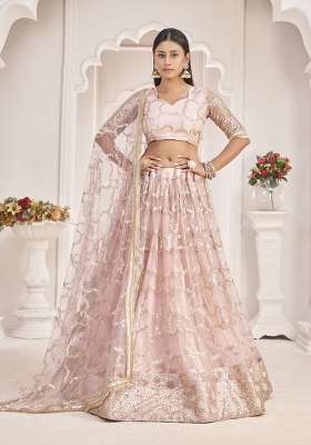 Onion Pink Net Lehenga Set with Embroidery for Diwali | Wedding & Festive Wear
