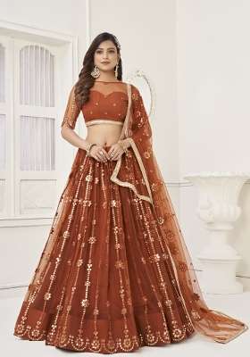 Brown Embroidery Net Lehenga Set for Diwali and Festive Wear