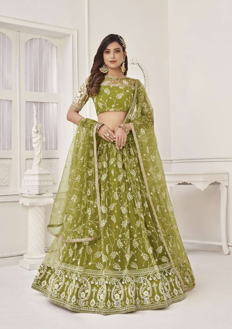 Olive Embroidery Net Lehenga Set for Diwali and Festive Wear - Indya