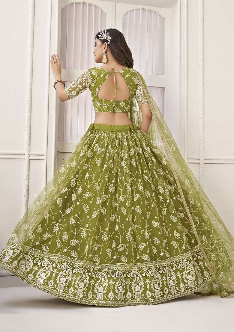 Olive Embroidery Net Lehenga Set for Diwali and Festive Wear - Indya