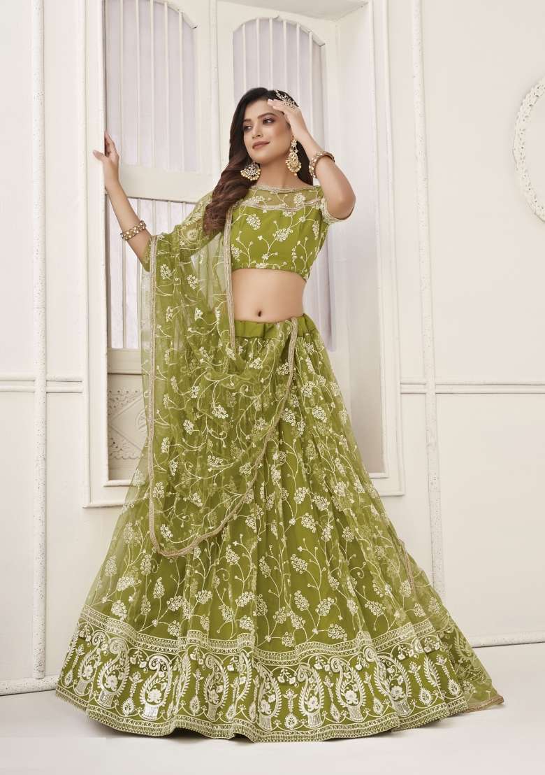 Olive Embroidery Net Lehenga Set for Diwali and Festive Wear - Indya