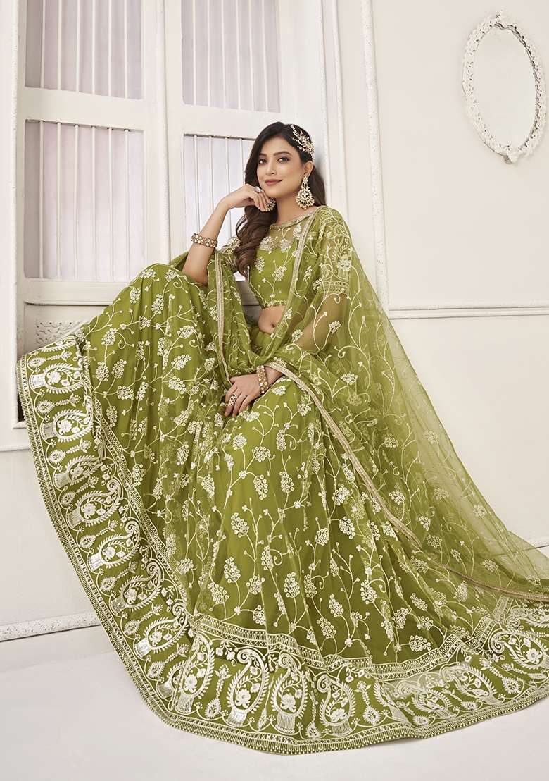 Olive Embroidery Net Lehenga Set for Diwali and Festive Wear - Indya