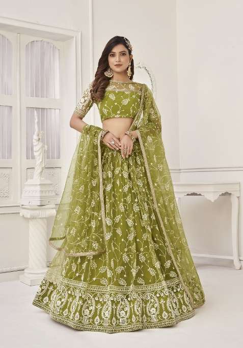 Olive Embroidery Net Lehenga Set for Diwali and Festive Wear