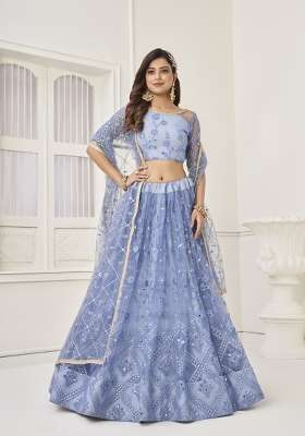Light Blue Net Lehenga Set with Embroidery for Diwali | Wedding & Festive Wear