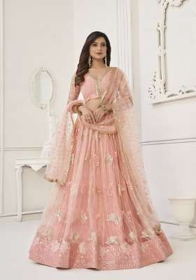 Peach Embroidery Net Lehenga Set for Diwali and Festive Wear