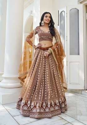 Brown Embroidery Net Lehenga Set for Diwali and Festive Wear