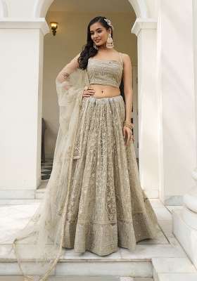 Off White Embroidery Net Lehenga Set for Diwali and Festive Wear