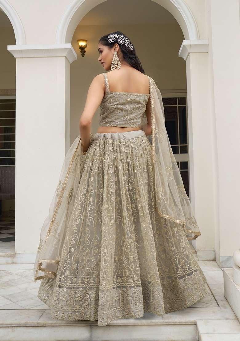 Off White Embroidery Net Lehenga Set for Diwali and Festive Wear - Indya