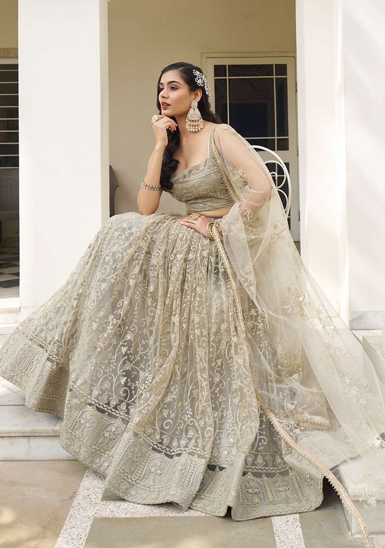 Off White Embroidery Net Lehenga Set for Diwali and Festive Wear - Indya