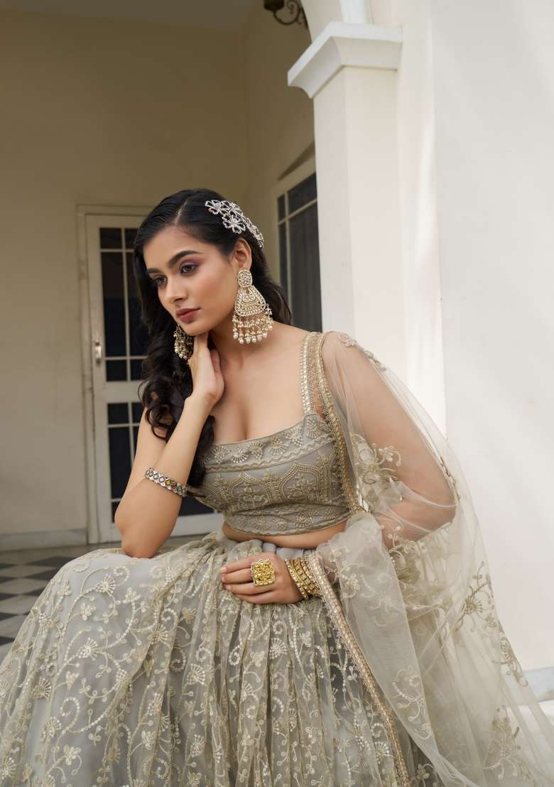 Off White Embroidery Net Lehenga Set for Diwali and Festive Wear - Indya