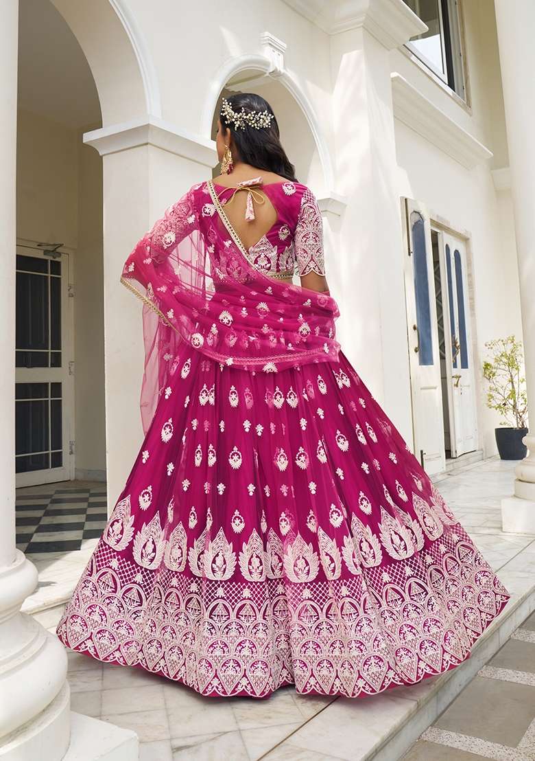 Pink Net Lehenga Set with Embroidery for Diwali | Wedding & Festive Wear - Indya