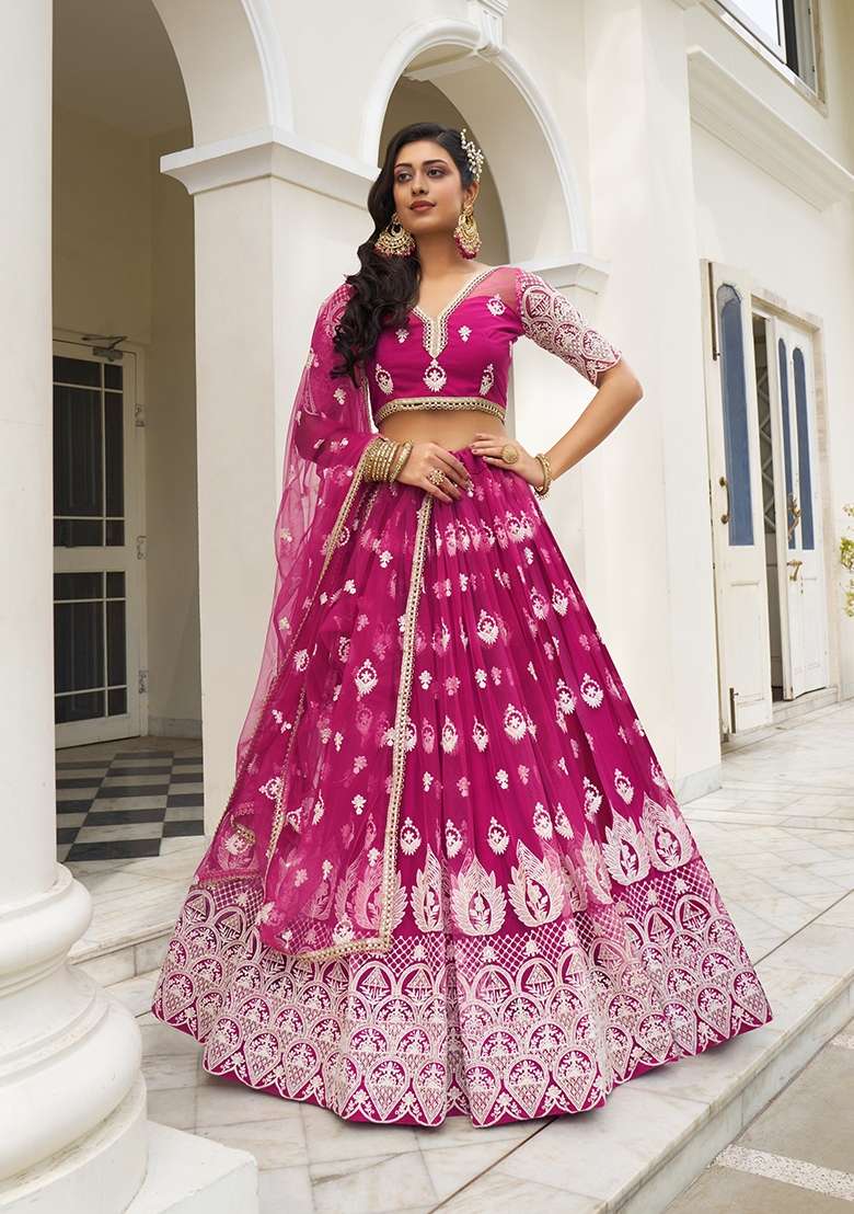 Pink Net Lehenga Set with Embroidery for Diwali | Wedding & Festive Wear - Indya