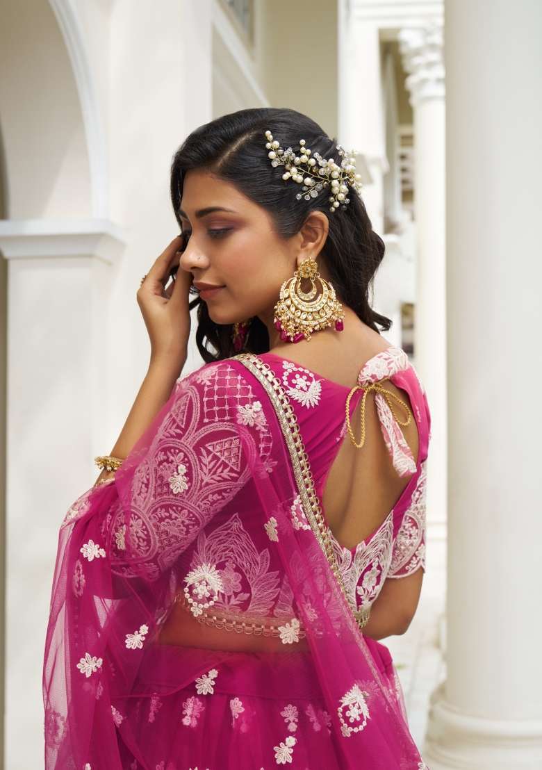 Pink Net Lehenga Set with Embroidery for Diwali | Wedding & Festive Wear - Indya