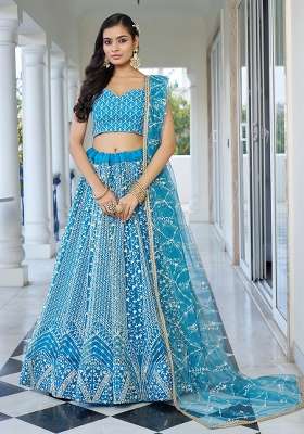 Sky Blue Embroidery Net Lehenga Set for Diwali and Festive Wear