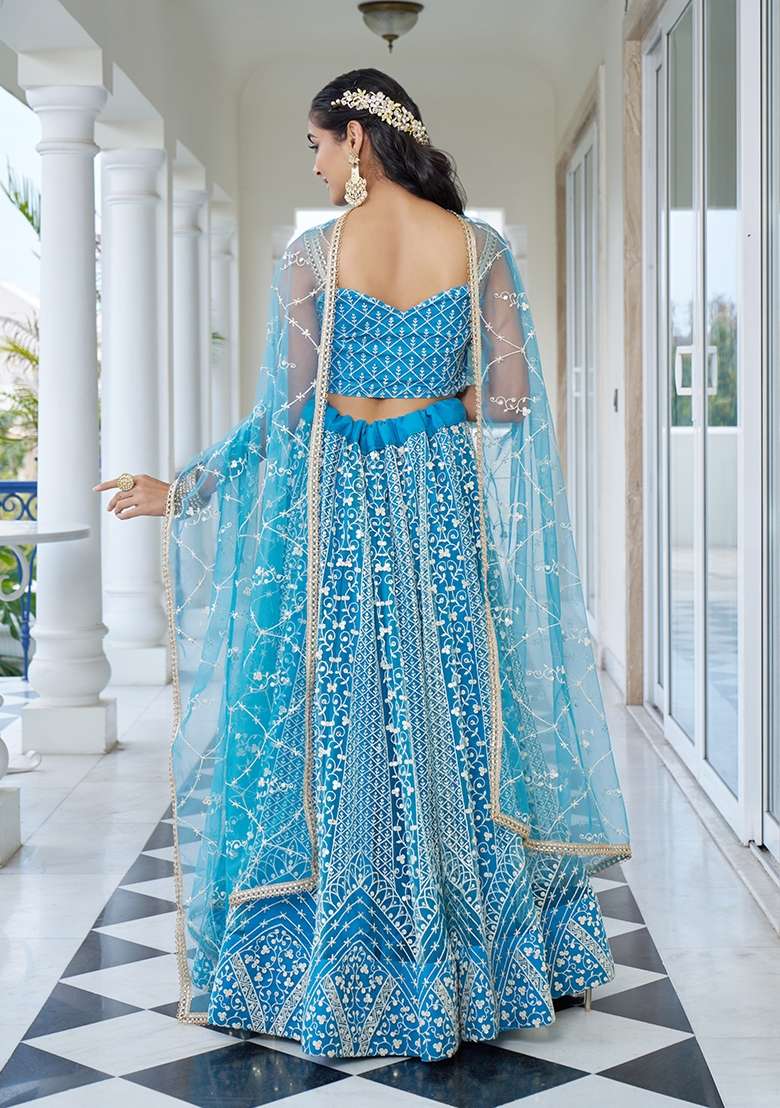 Sky Blue Embroidery Net Lehenga Set for Diwali and Festive Wear - Indya