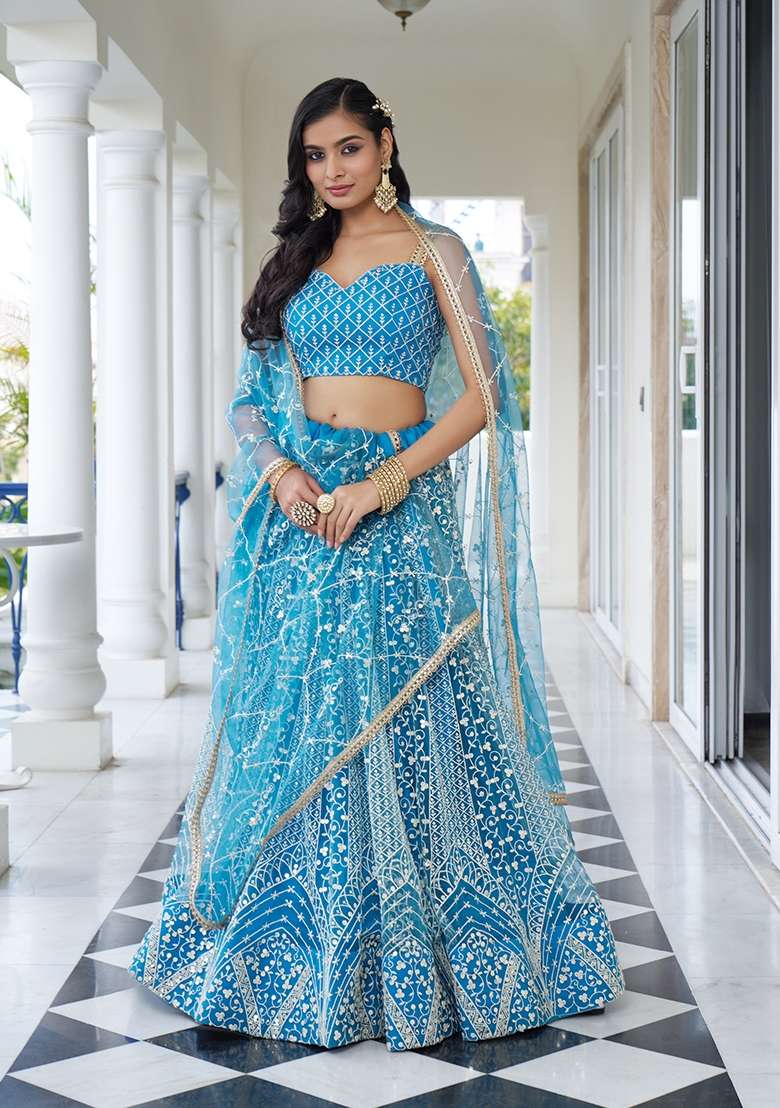 Sky Blue Embroidery Net Lehenga Set for Diwali and Festive Wear - Indya