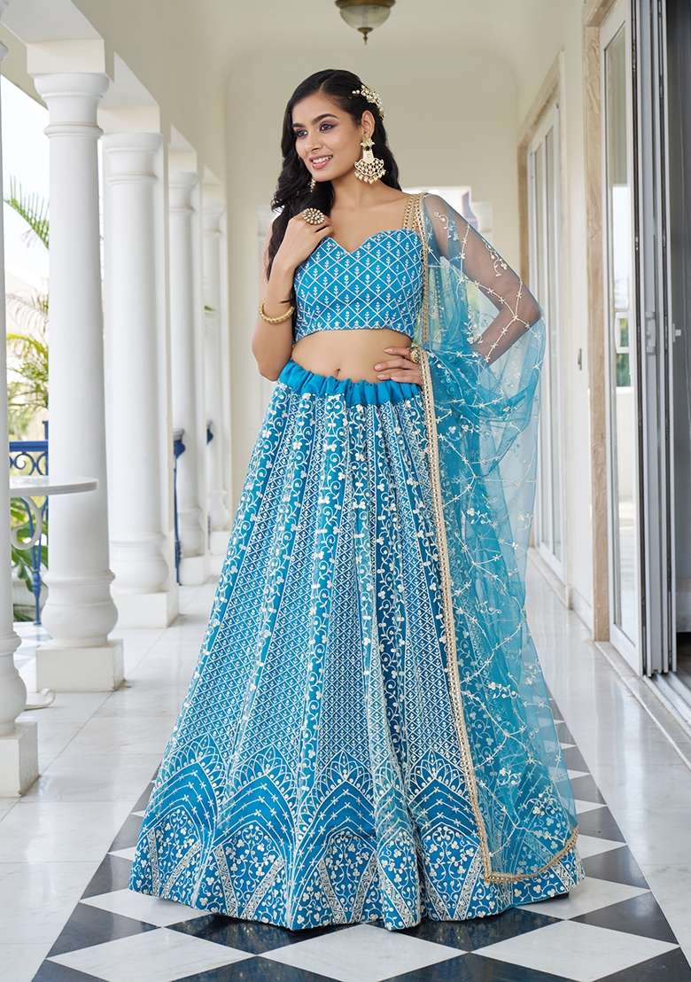 Sky Blue Embroidery Net Lehenga Set for Diwali and Festive Wear - Indya
