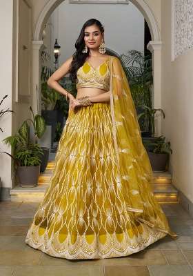 Yellow Embroidery Net Lehenga Set for Diwali and Festive Wear