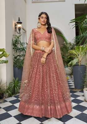 Dark Orange Net Lehenga Set with Embroidery for Diwali | Wedding & Festive Wear