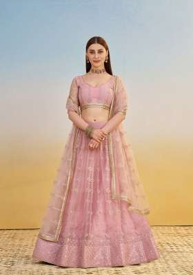 Pink Net Lehenga Set with Embroidery for Diwali | Wedding & Festive Wear