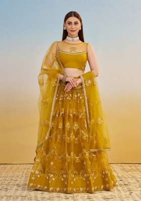 Mustard Net Lehenga Set with Embroidery for Diwali | Wedding & Festive Wear