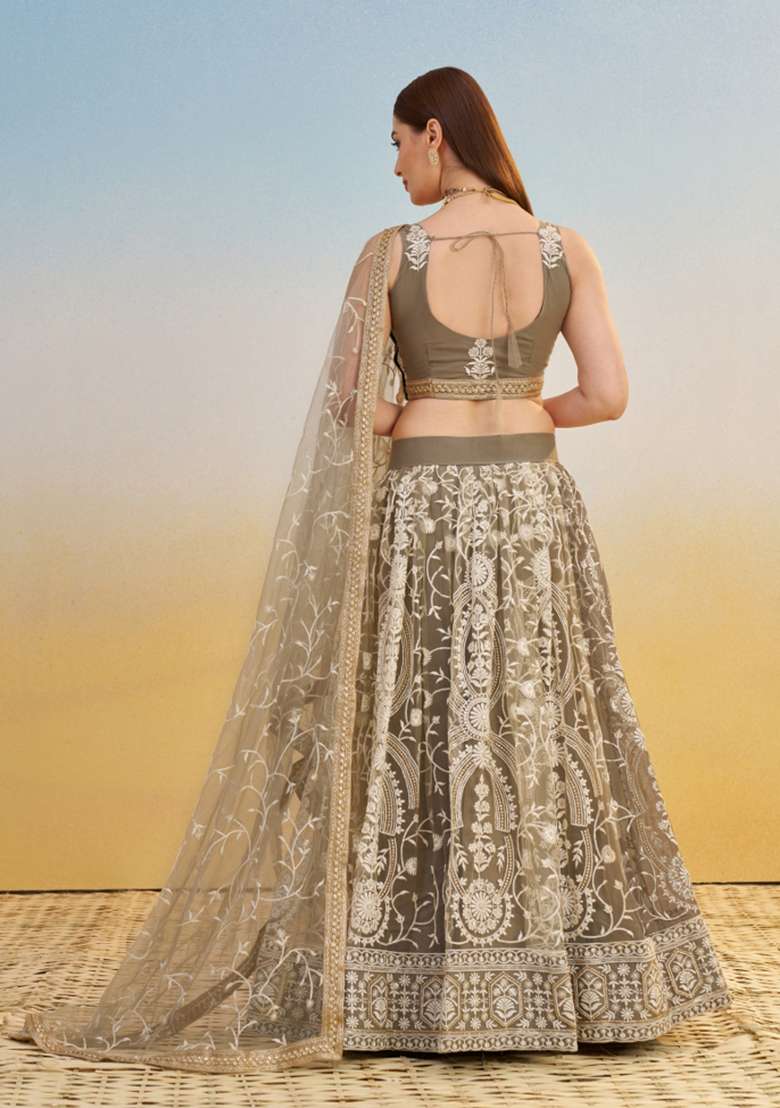Olive Embroidery Net Lehenga Set for Diwali and Festive Wear - Indya