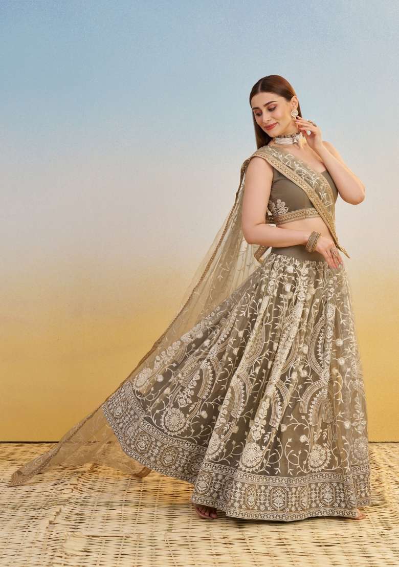 Olive Embroidery Net Lehenga Set for Diwali and Festive Wear - Indya