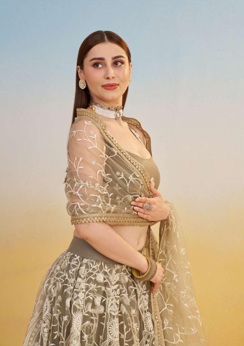 Olive Embroidery Net Lehenga Set for Diwali and Festive Wear - Indya