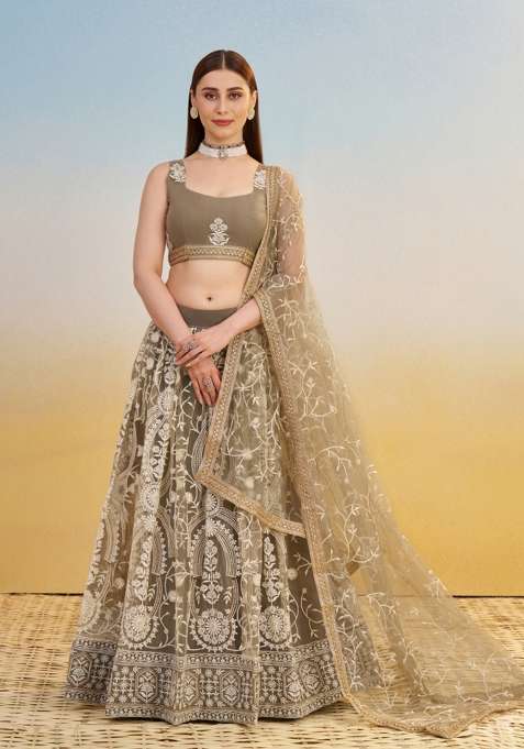 Olive Embroidery Net Lehenga Set for Diwali and Festive Wear