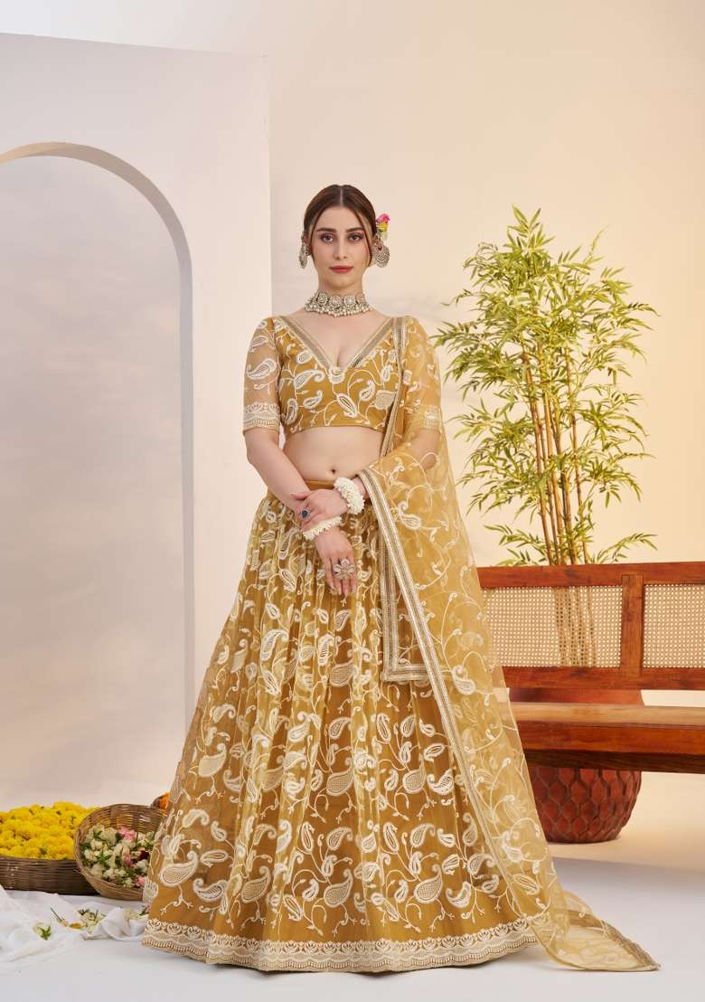 Light Golden Embroidery Net Lehenga Set for Diwali and Festive Wear - Indya