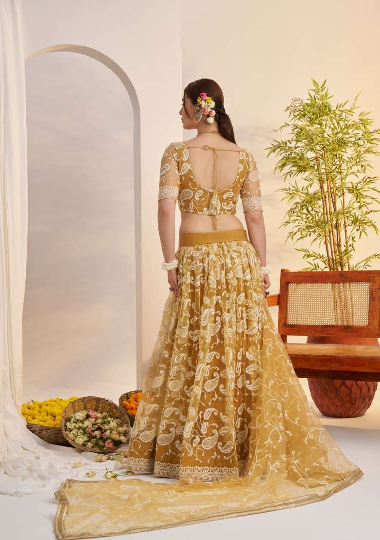 Light Golden Embroidery Net Lehenga Set for Diwali and Festive Wear - Indya