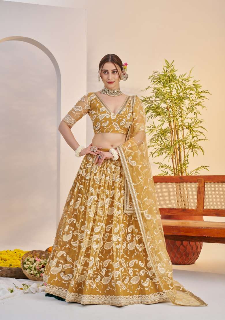 Light Golden Embroidery Net Lehenga Set for Diwali and Festive Wear - Indya