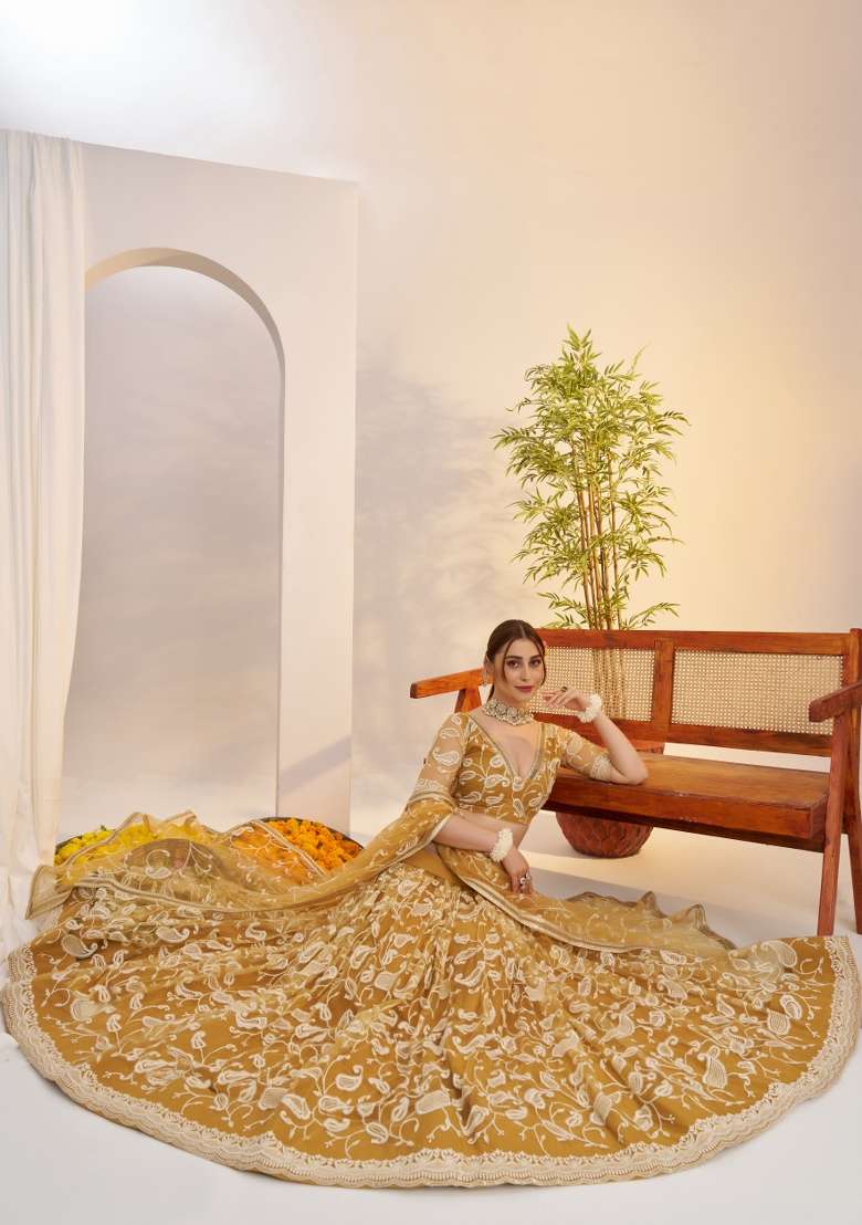 Light Golden Embroidery Net Lehenga Set for Diwali and Festive Wear - Indya