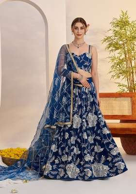Blue Net Lehenga Set with Embroidery for Diwali | Wedding & Festive Wear