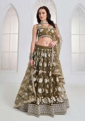 Mehendi Net Lehenga Set with Embroidery for Diwali | Wedding & Festive Wear