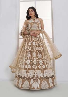Beige Embroidery Net Lehenga Set for Diwali and Festive Wear