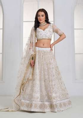 Off White Net Lehenga Set with Embroidery for Diwali | Wedding & Festive Wear