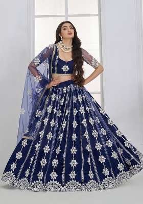 Navy Blue Embroidery Net Lehenga Set