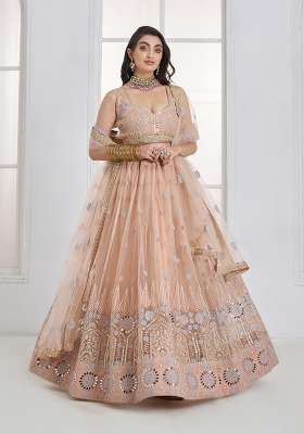 Peach Embroidery Net Lehenga Set for Diwali and Festive Wear