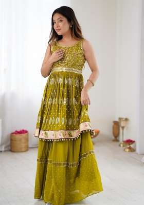 Green Embroidery Georgette Lehenga Set for Diwali and Festive Wear