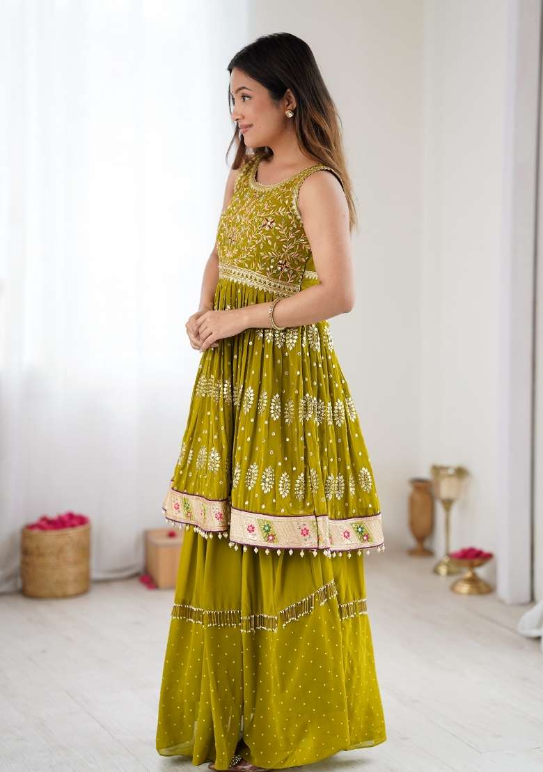 Green Embroidery Georgette Lehenga Set for Diwali and Festive Wear - Indya