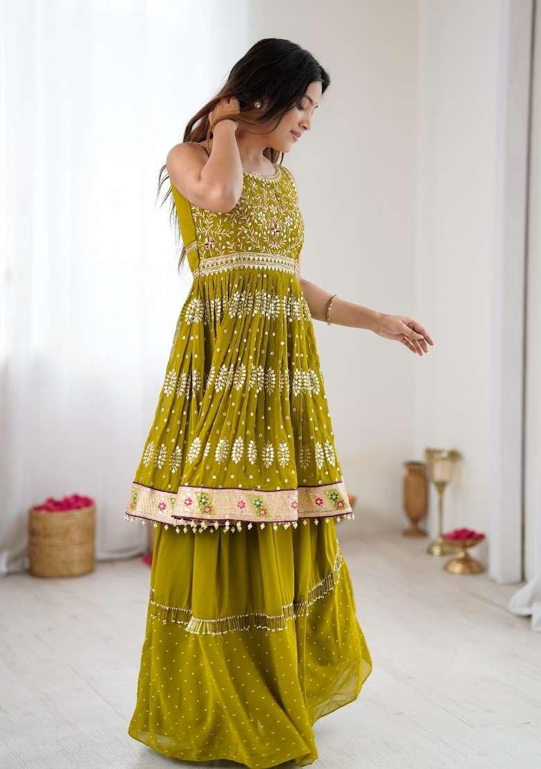 Green Embroidery Georgette Lehenga Set for Diwali and Festive Wear - Indya