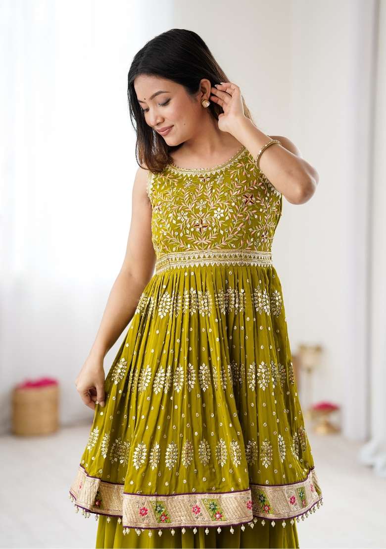 Green Embroidery Georgette Lehenga Set for Diwali and Festive Wear - Indya
